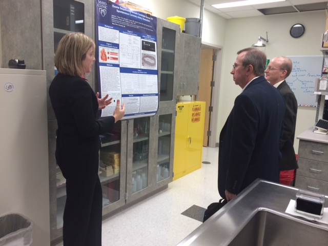 A member of the SCAD genetic research team explains a poster that they will be displaying at an American Heart Association annual meeting. The chart includes discoveries that the research team has been able to verify to this point.